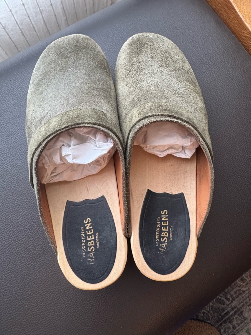 Swedish Hasbeens Olive Green Suede Mules